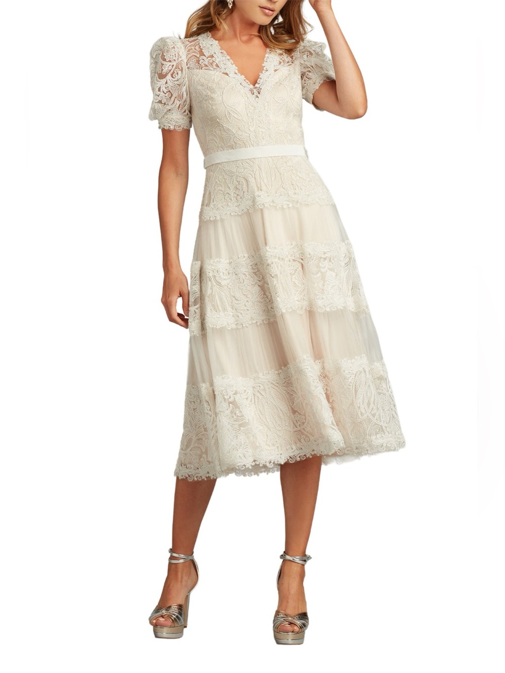 Tadashi Shoji Embroidered Lace Tiered Midi Dress In White Petal Size 6